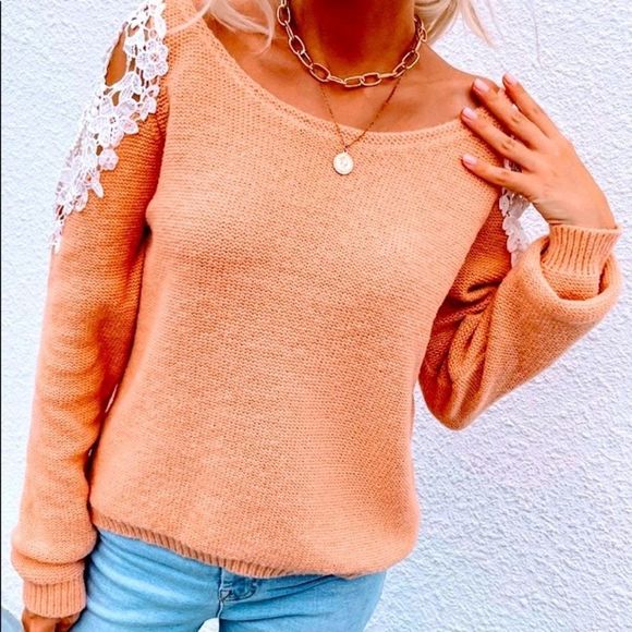 NWT! SCOOP NECK CONTRAST LACE CUT OUT SLEEVE DETAIL SWEATER IN LIGHT ORANGE 🍊! - Picture 8 of 13